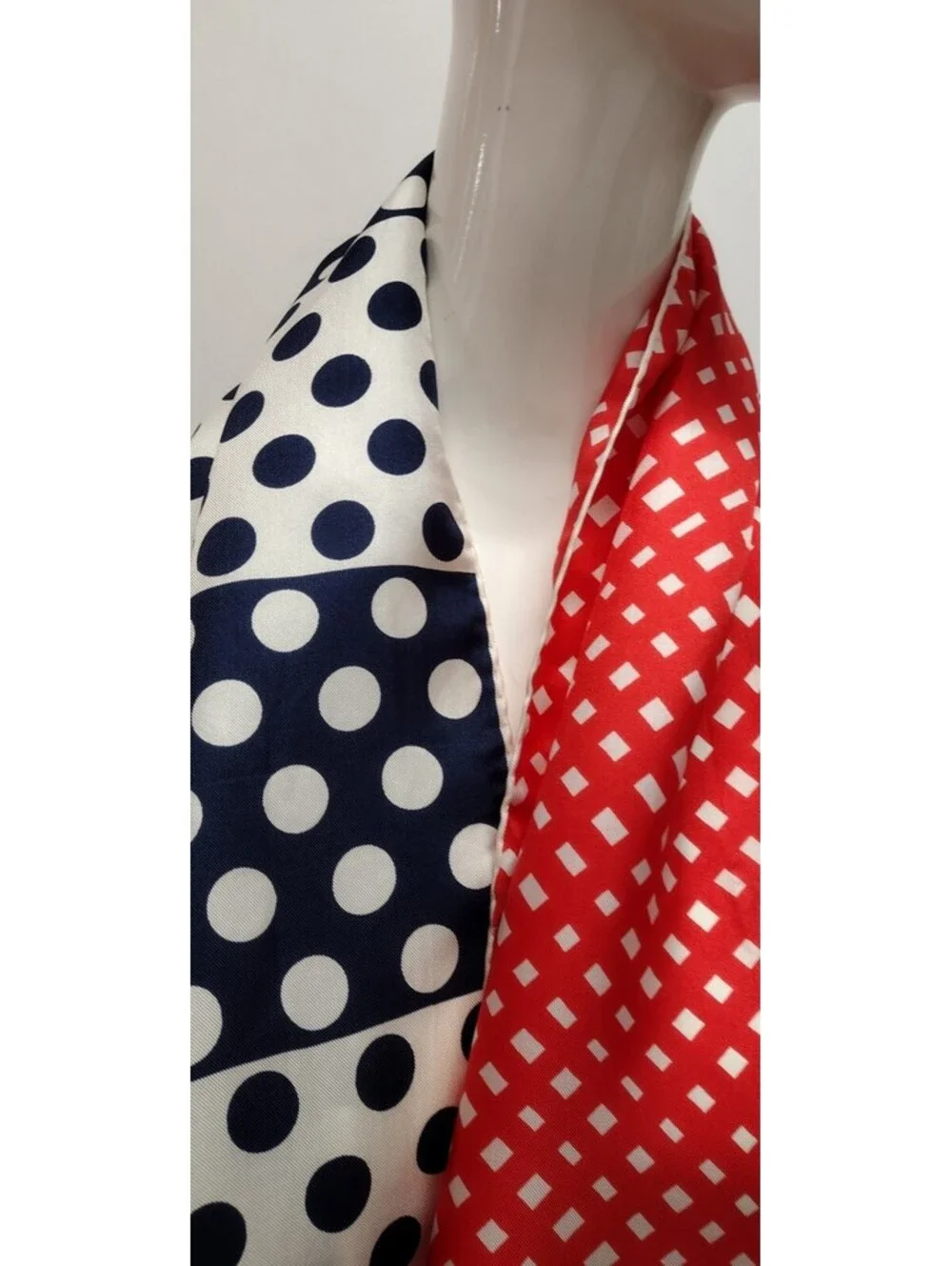 Vinage 1960s White DOTS Echo All Silk Scarf Red Orange White & Blue Polka Dots